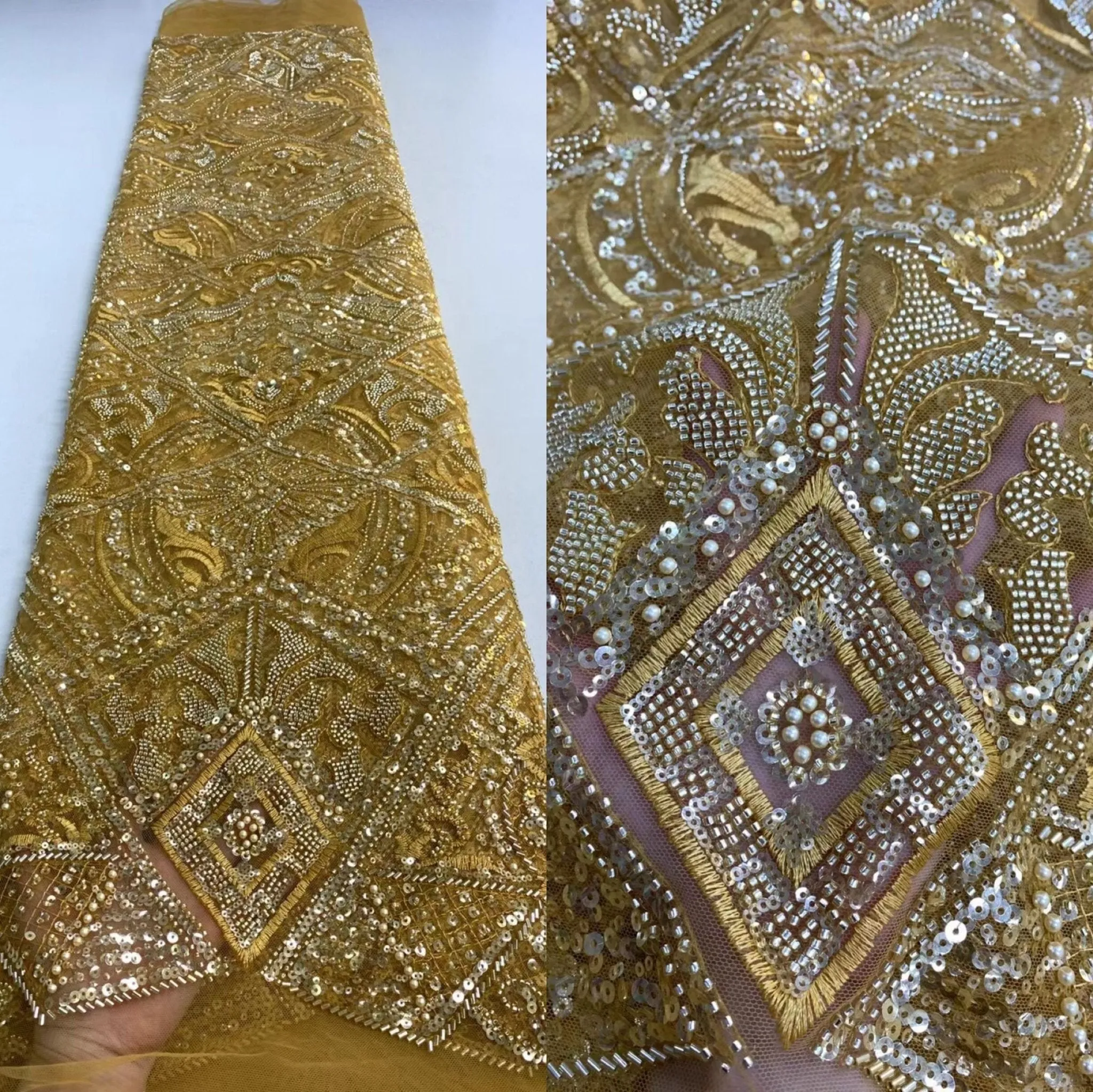 5 YARDS / 14 COLORS / Savannah Large Tone on Tone Sequin Beaded Embroidery Tulle Mesh Lace Party Prom Bridal Dress Fabric