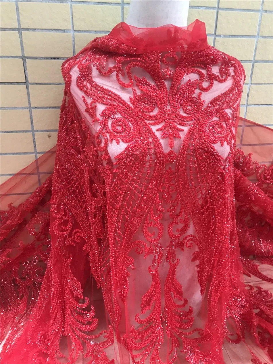 5 YARDS / Asmaa Luxurious Beaded Embroidery Glitter Mesh Lace  Party Prom Bridal Dress Fabric