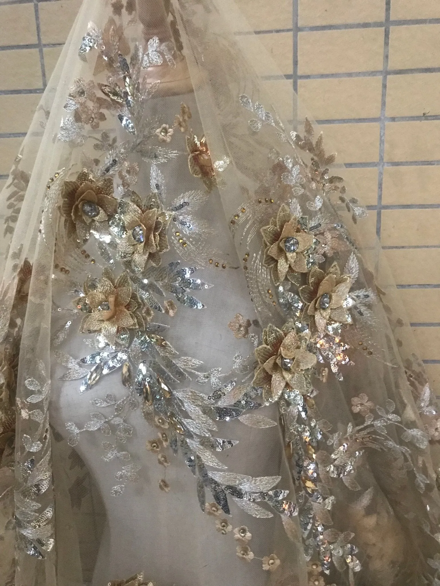 5 YARDS / Colette Luxurious 3D Floral Regal Glitter Sequin Beaded Embroidery Tulle Mesh Lace Party Prom Bridal Dress Fabric