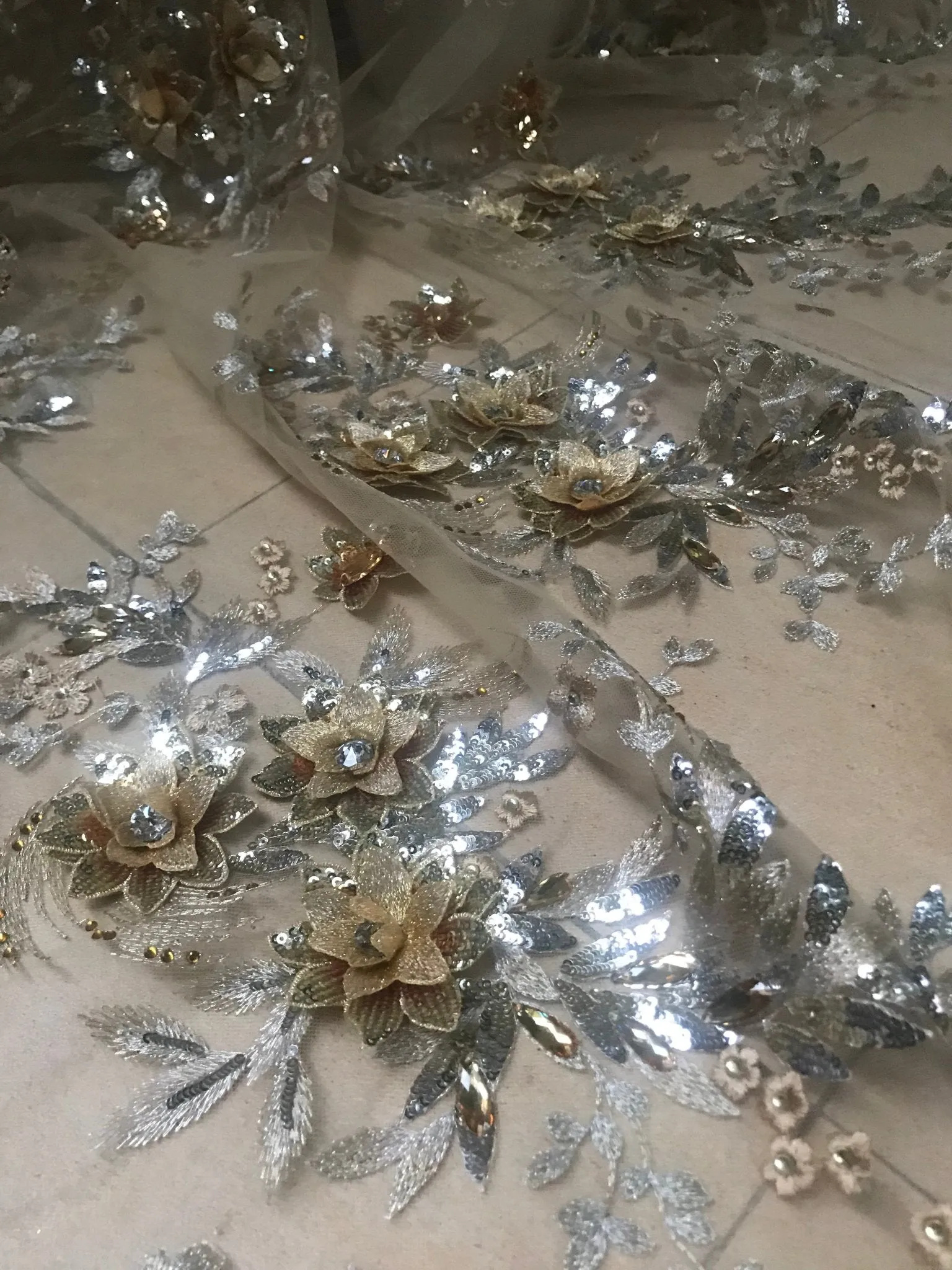 5 YARDS / Colette Luxurious 3D Floral Regal Glitter Sequin Beaded Embroidery Tulle Mesh Lace Party Prom Bridal Dress Fabric