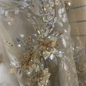 5 YARDS / Colette Luxurious 3D Floral Regal Glitter Sequin Beaded Embroidery Tulle Mesh Lace Party Prom Bridal Dress Fabric