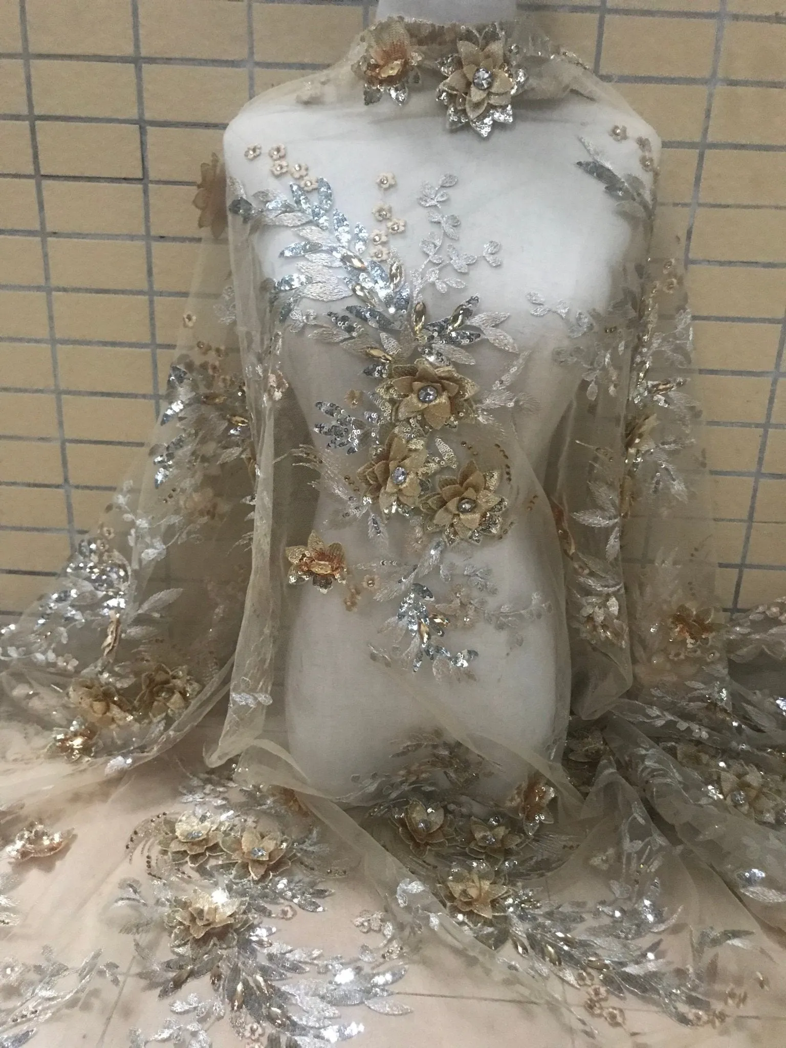 5 YARDS / Colette Luxurious 3D Floral Regal Glitter Sequin Beaded Embroidery Tulle Mesh Lace Party Prom Bridal Dress Fabric