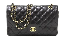 Authentic Chanel Quilted Black Lambskin Leather Classic Medium Flap Bag