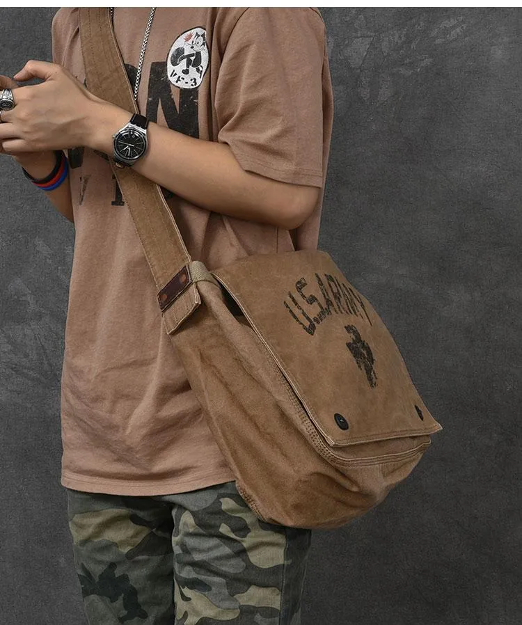 Canvas Leather Mens Large Brown Side Bag 14'' Army Green Messenger Bag Postman Bag For Men