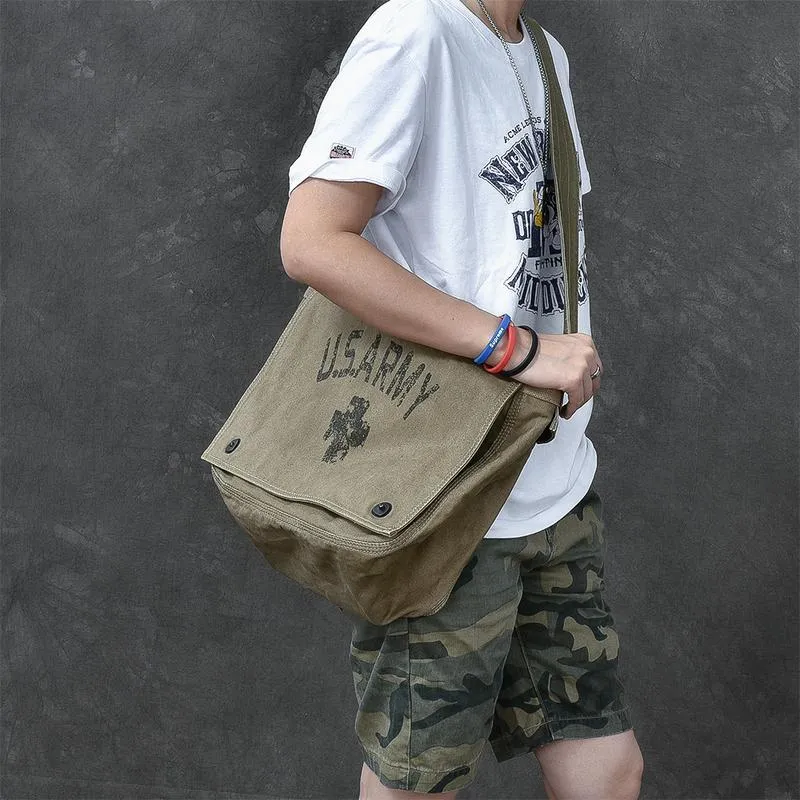 Canvas Leather Mens Large Brown Side Bag 14'' Army Green Messenger Bag Postman Bag For Men