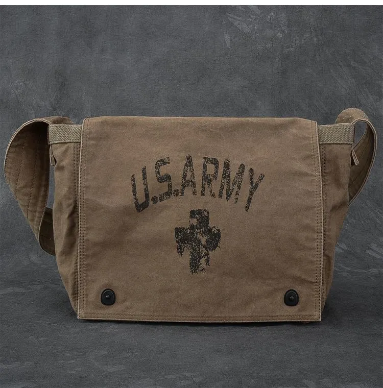 Canvas Leather Mens Large Brown Side Bag 14'' Army Green Messenger Bag Postman Bag For Men