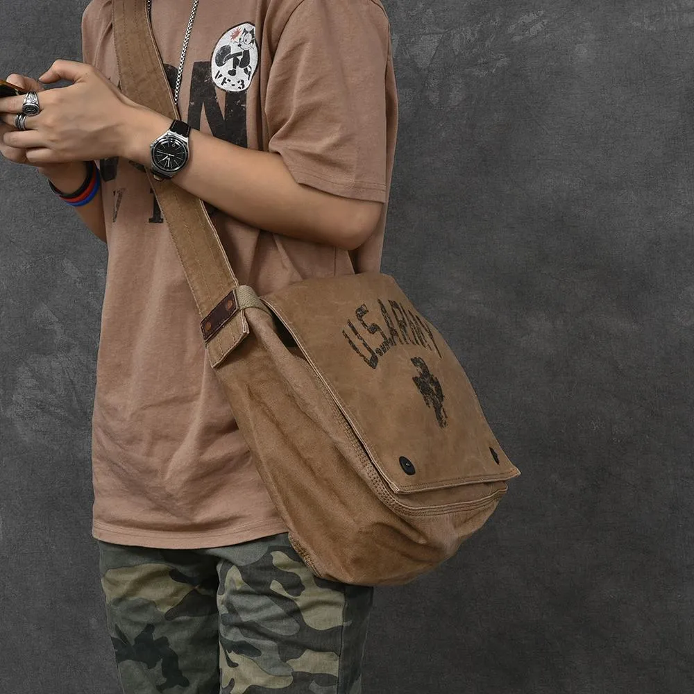 Canvas Leather Mens Large Brown Side Bag 14'' Army Green Messenger Bag Postman Bag For Men