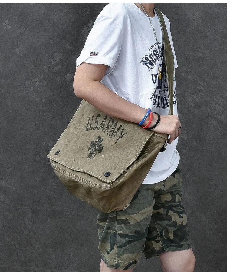 Canvas Leather Mens Large Brown Side Bag 14'' Army Green Messenger Bag Postman Bag For Men