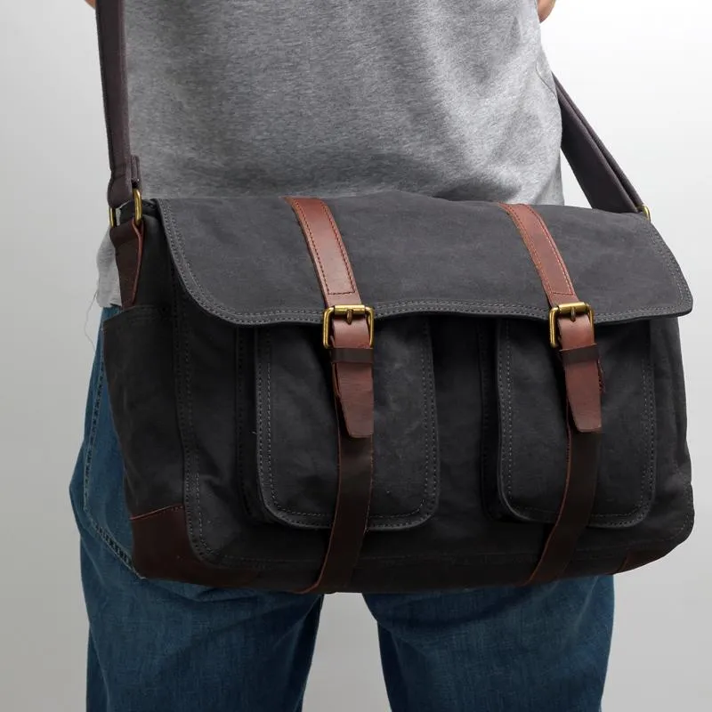 Canvas Mens Side Bag 15'' Black Large Courier Bag Postman Bag Messenger Bag for Men