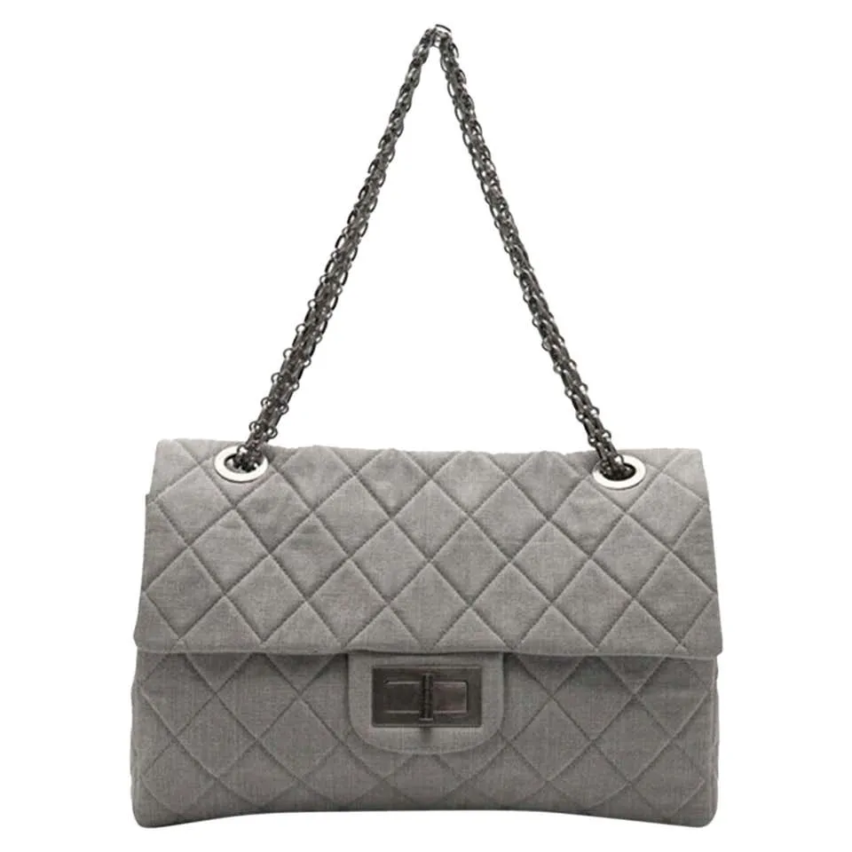 Chanel 2.55 Reissue XXL Grey Denim Airlines Flap Travel Maxi Quilted Maxi Shoulder Bag