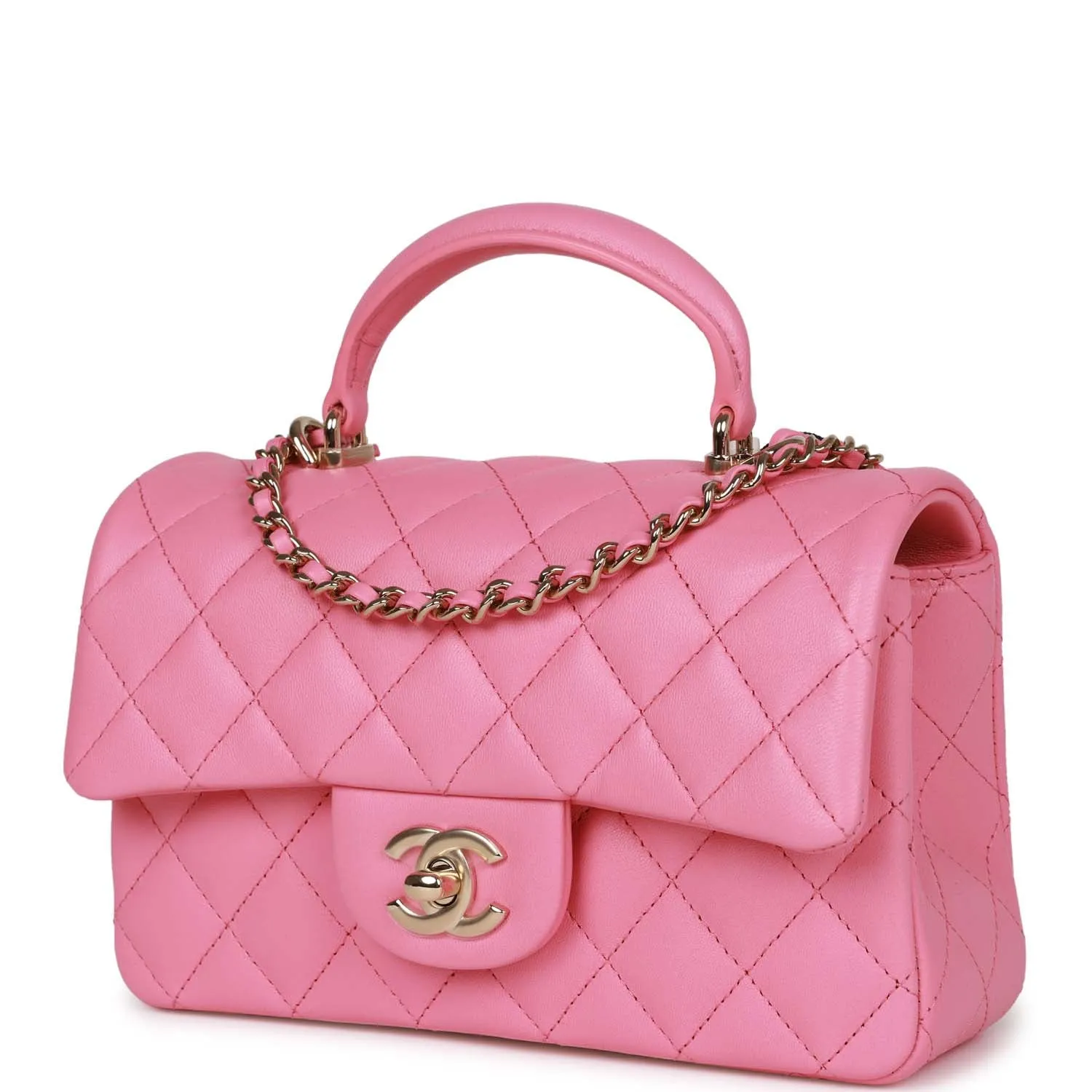 Chanel Rectangular Mini Flap Bag with Top Handle Pink Lambskin Light Gold Hardware