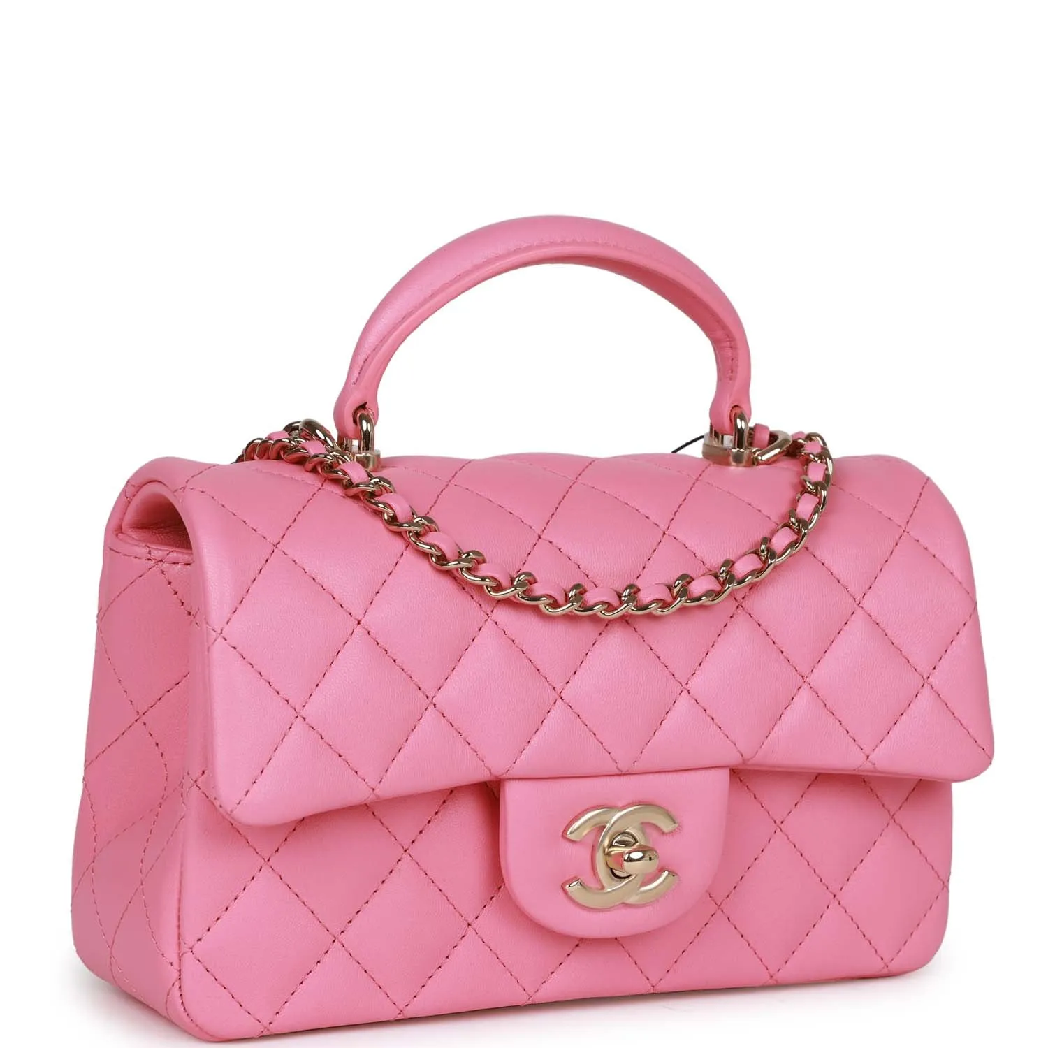 Chanel Rectangular Mini Flap Bag with Top Handle Pink Lambskin Light Gold Hardware