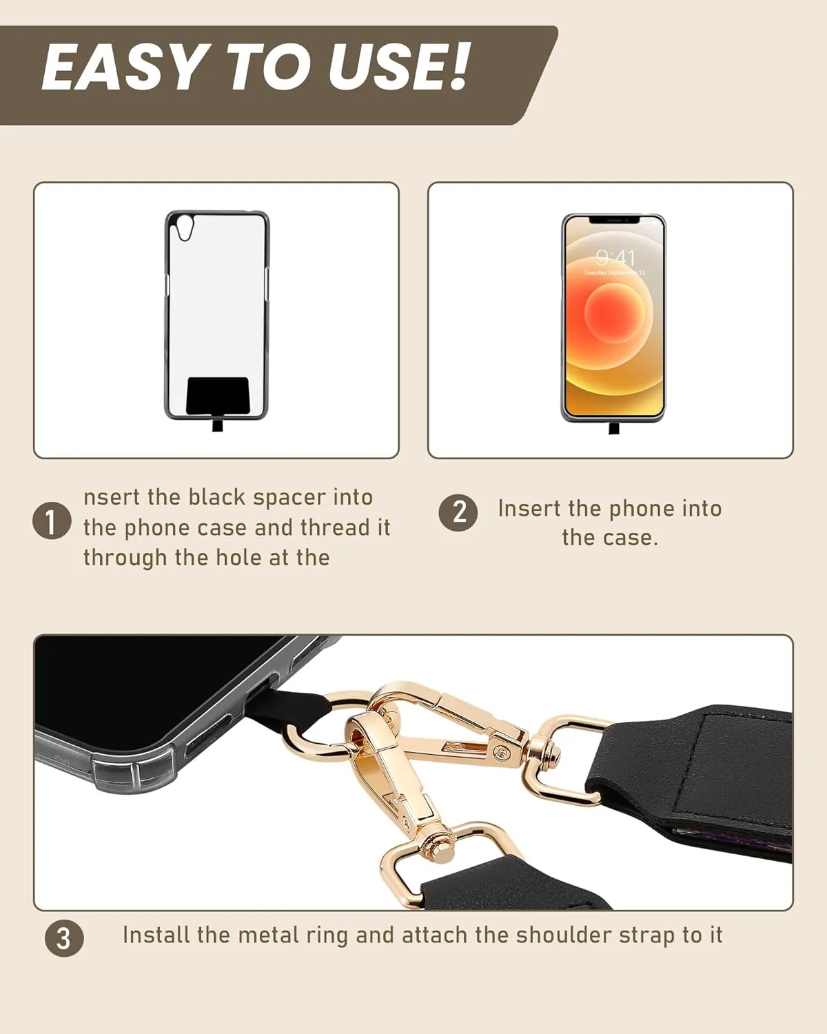 Clip and Go Strap for Phone with Wallet Crossbody,Adjustable Phone Strap with Zippered Pouch,Upgraded and Extended in Length, Crossbody Phone Strap with Wallet,Save Girls Cross Body Lanyard(Black