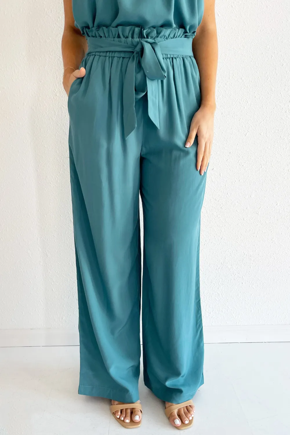 Elastic Waist Wide Leg Tie Pant