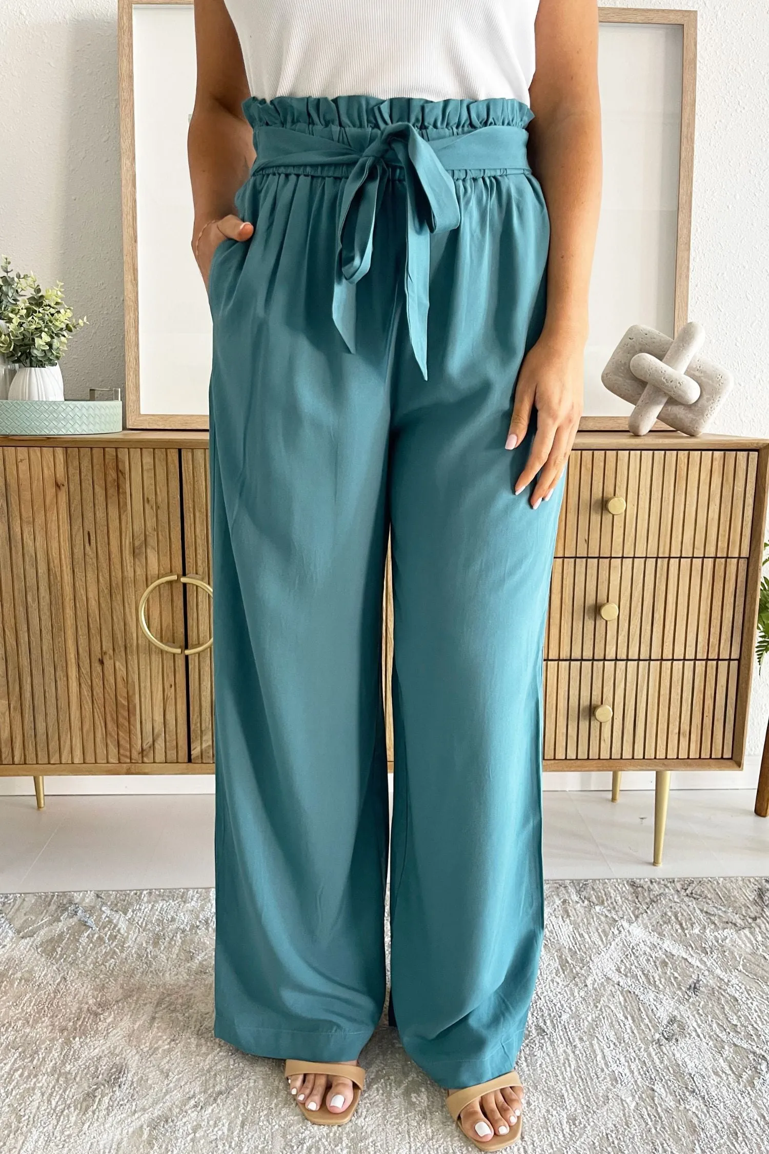 Elastic Waist Wide Leg Tie Pant