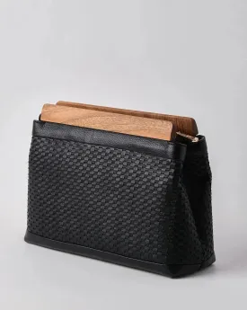 Exquisite Black Genuine Knitted Leather Clutch Handbag with Walnut Wood Accents