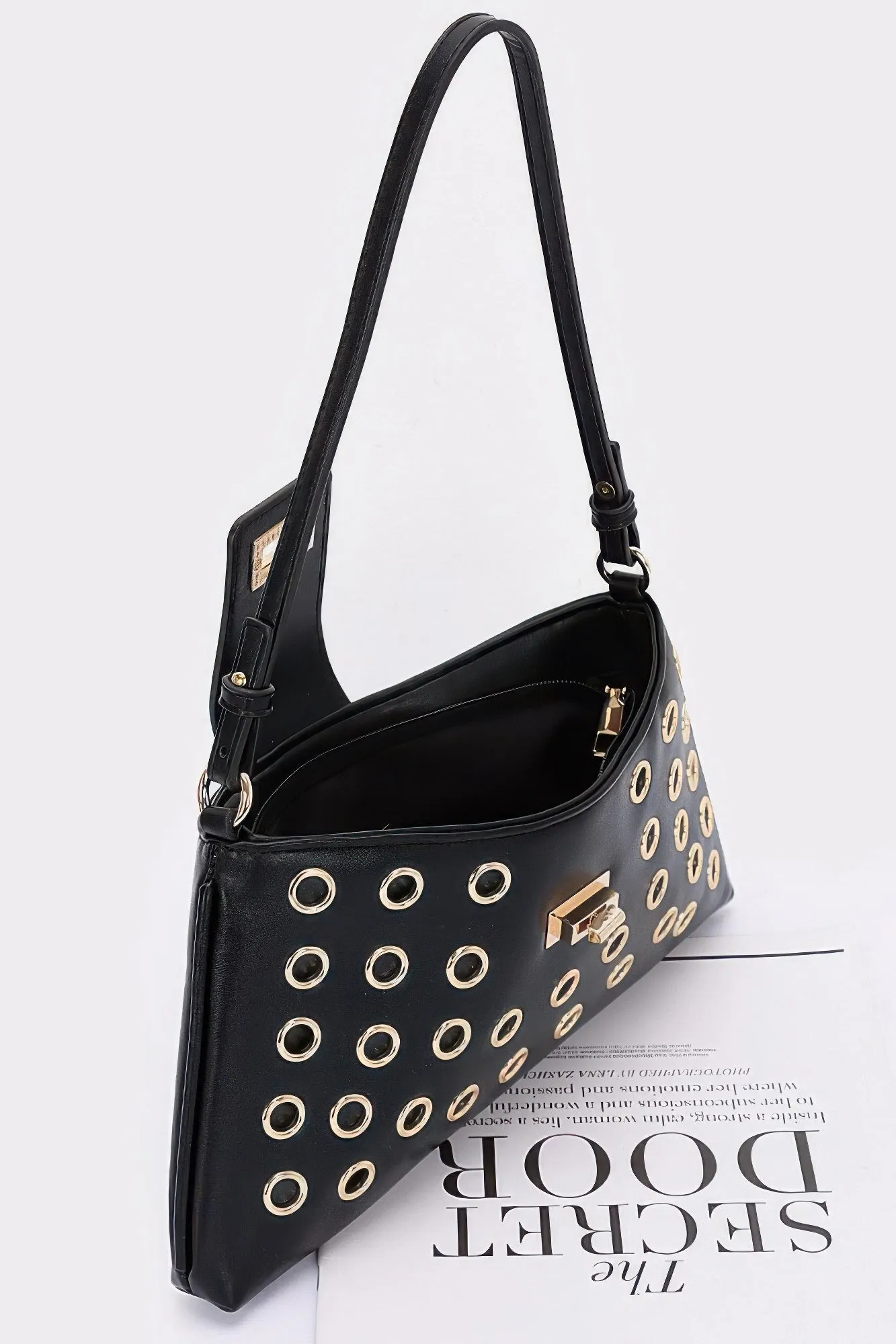 Faux Leather Eyelet Studded Shoulder Bag