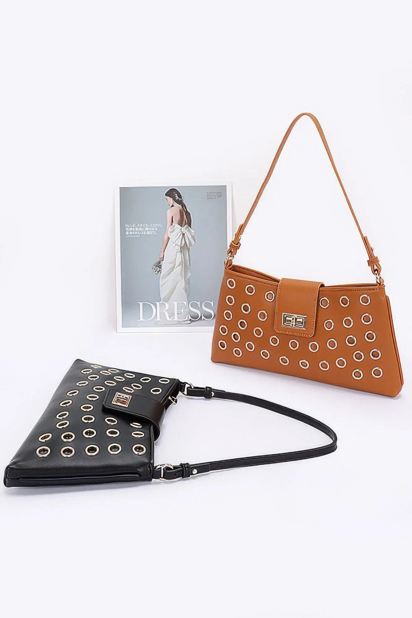Faux Leather Eyelet Studded Shoulder Bag