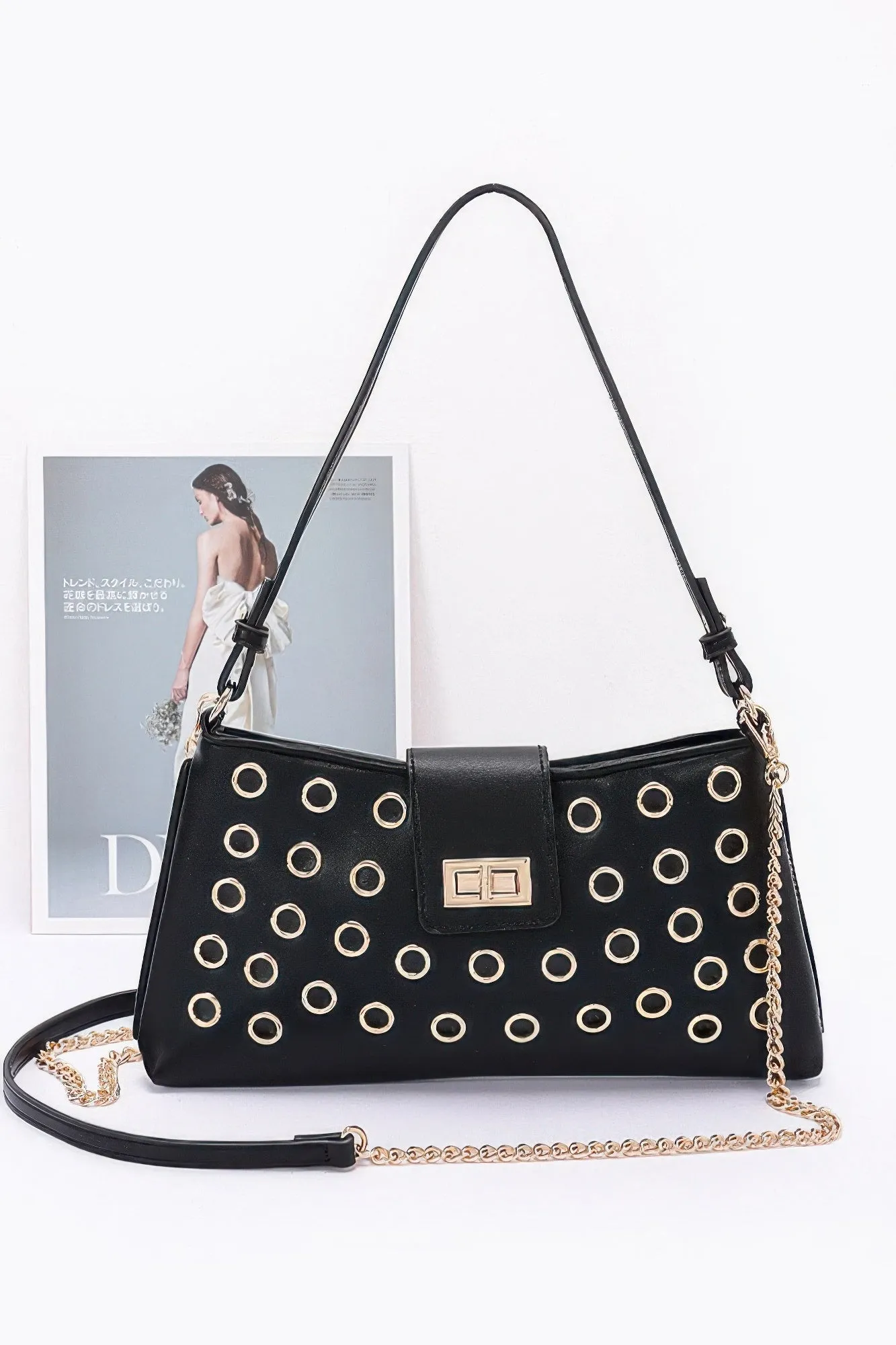 Faux Leather Eyelet Studded Shoulder Bag