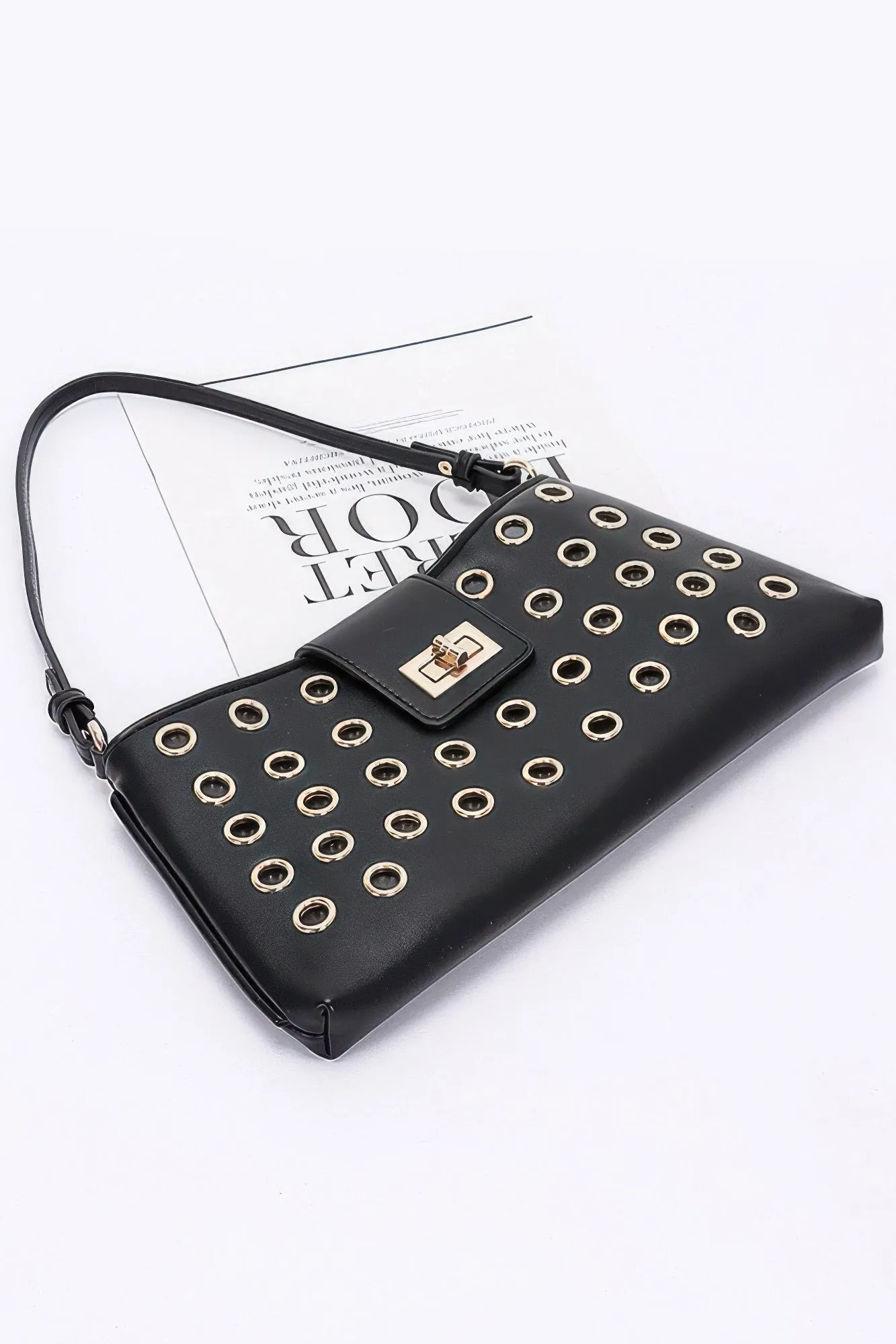 Faux Leather Eyelet Studded Shoulder Bag