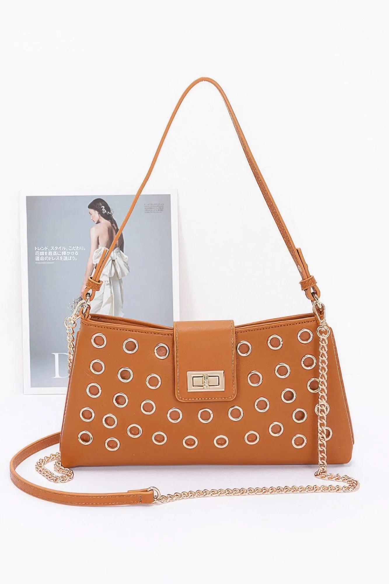 Faux Leather Eyelet Studded Shoulder Bag