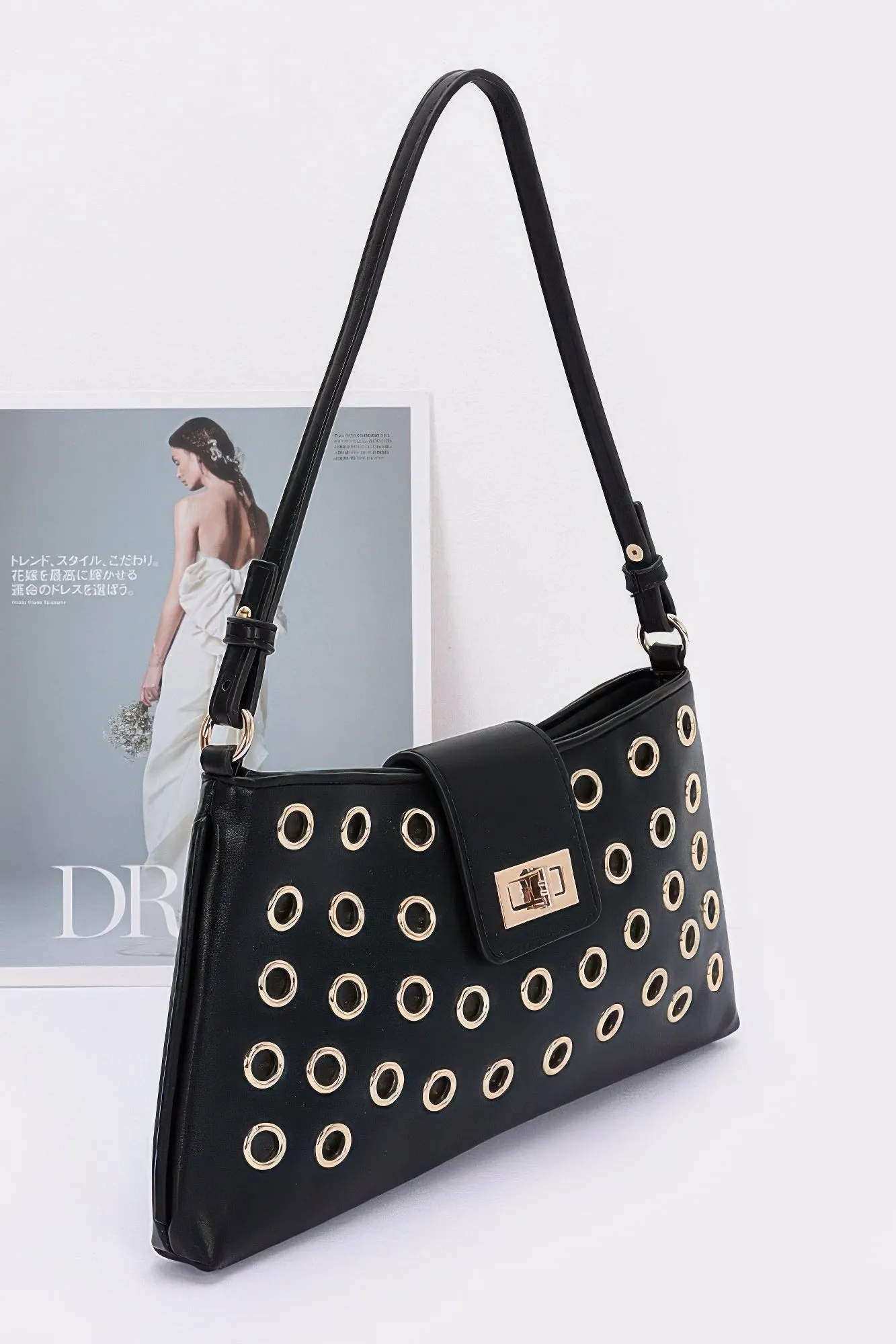 Faux Leather Eyelet Studded Shoulder Bag