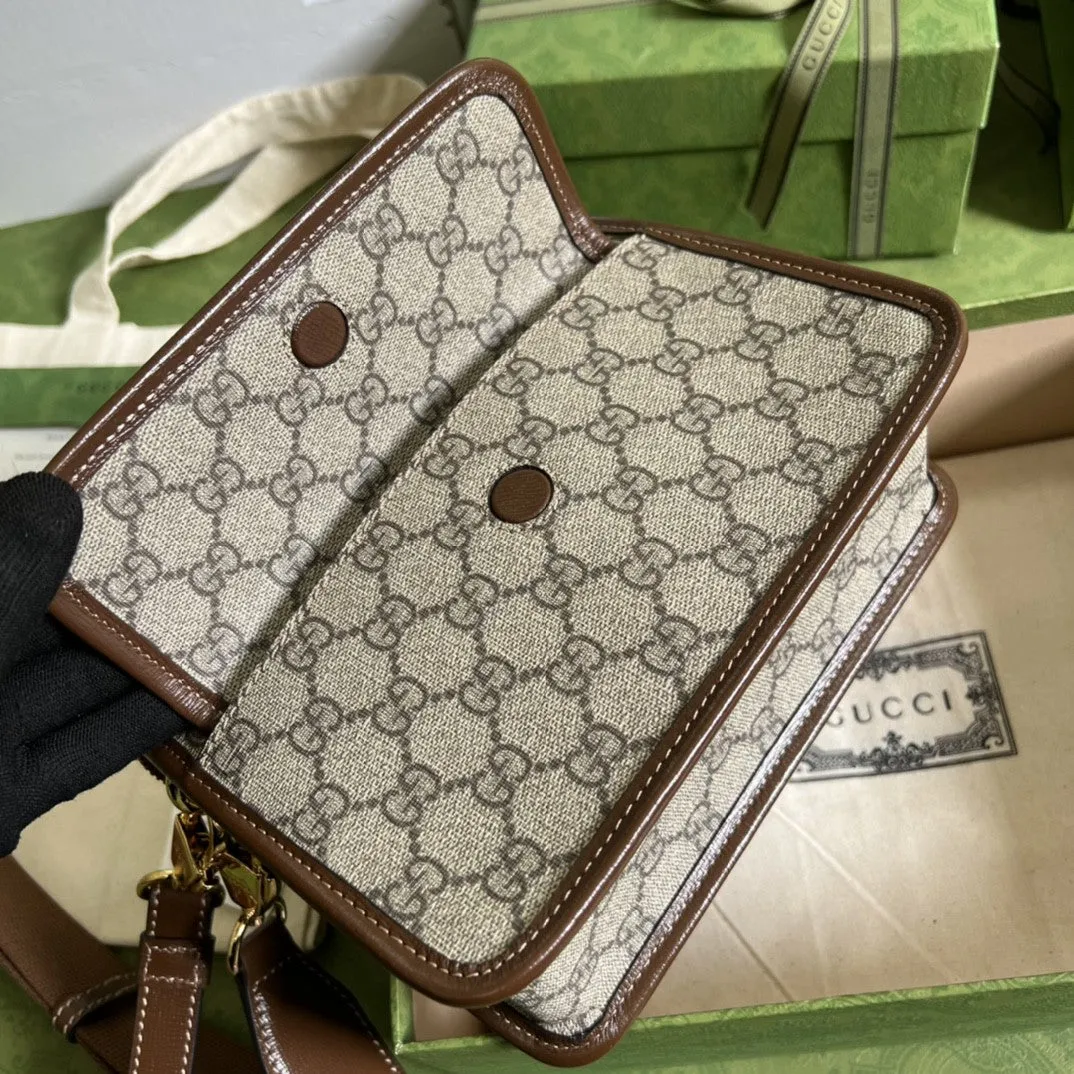 gg Messenger Bag With Interlocking G Beige And Ebony gg Supreme Canvas And Brown For Men 8in/21cm gg 674164 92THG