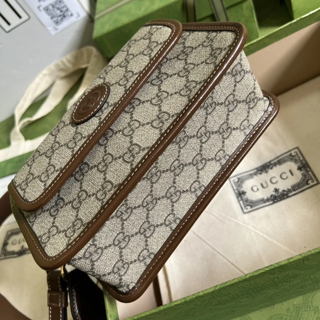 gg Messenger Bag With Interlocking G Beige And Ebony gg Supreme Canvas And Brown For Men 8in/21cm gg 674164 92THG