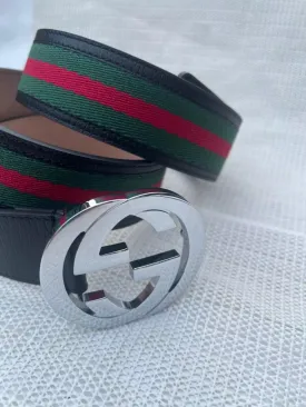 Gucci GG Silver Interlocking Buckle Web Belt Black Green Red Canvas Size 130 cm