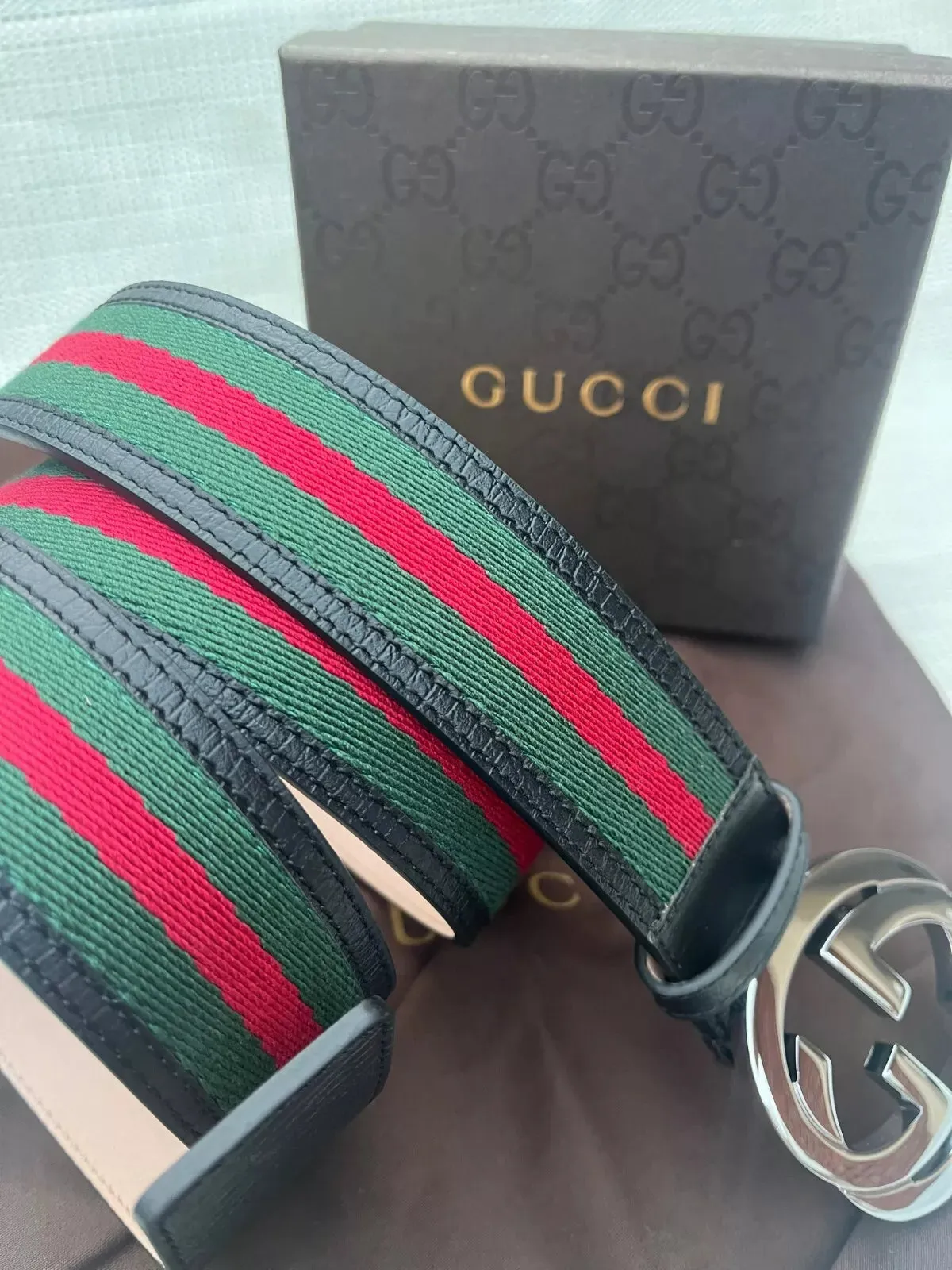 Gucci GG Silver Interlocking Buckle Web Belt Black Green Red Canvas Size 130 cm