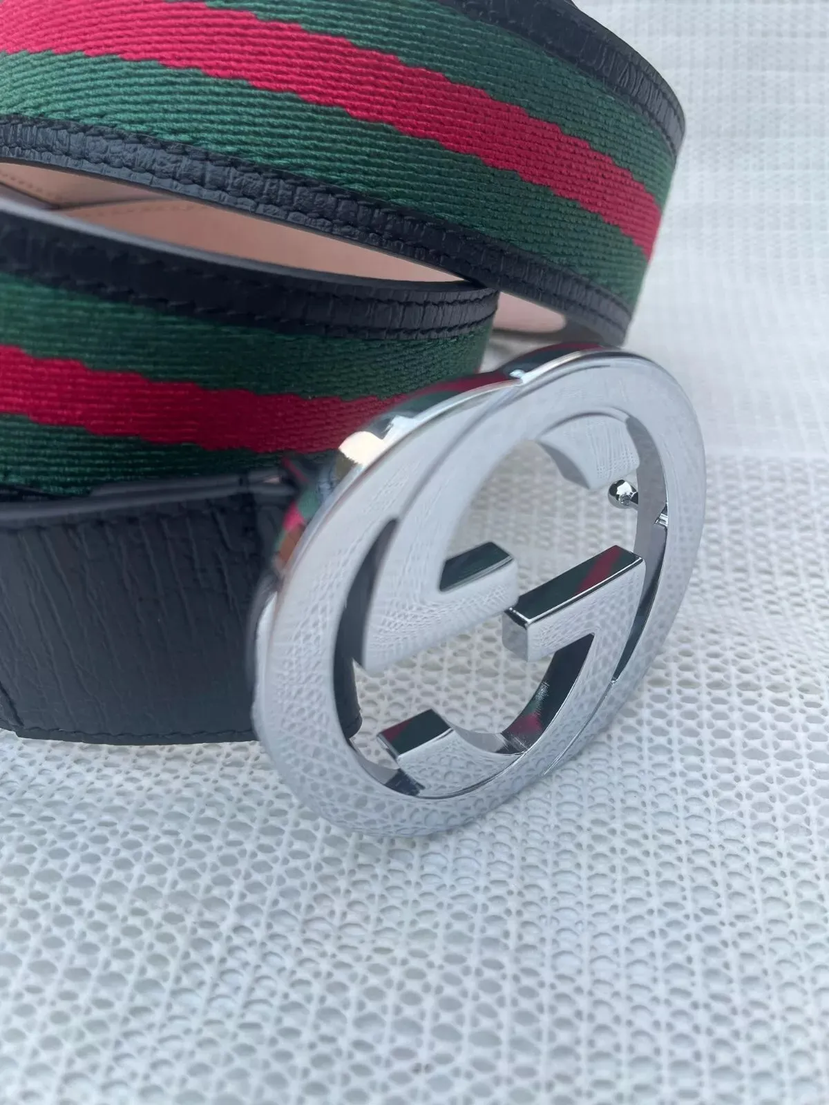 Gucci GG Silver Interlocking Buckle Web Belt Black Green Red Canvas Size 130 cm