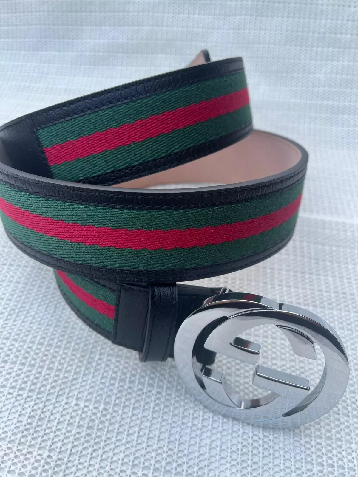 Gucci GG Silver Interlocking Buckle Web Belt Black Green Red Canvas Size 130 cm