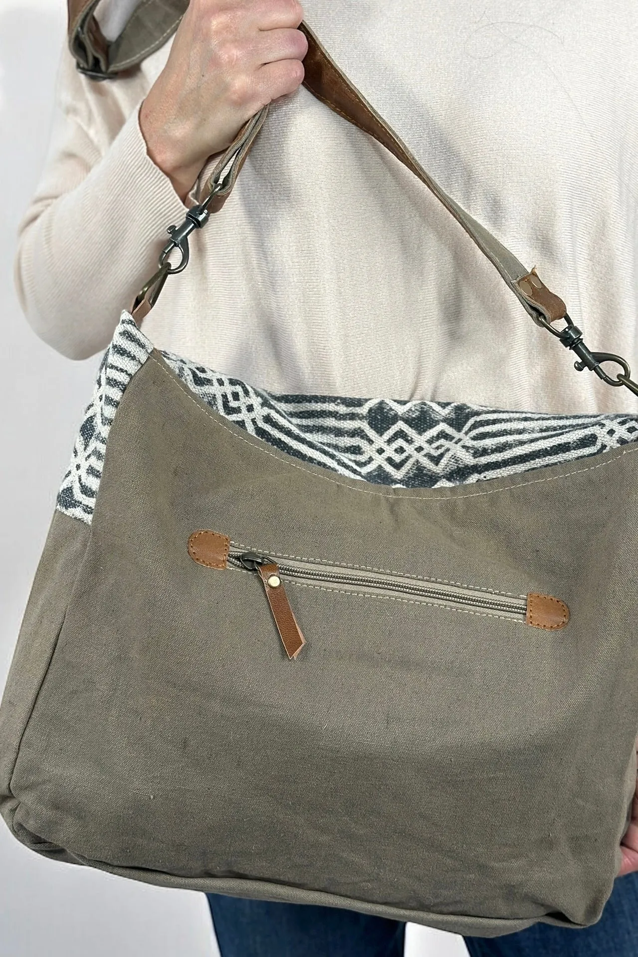 Handprinted Canvas and Hide Crossbody
