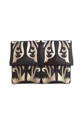 LEATHER AND SNAKESKIN CUT WORK FOLDOVER LARGE BLACK/NATURAL