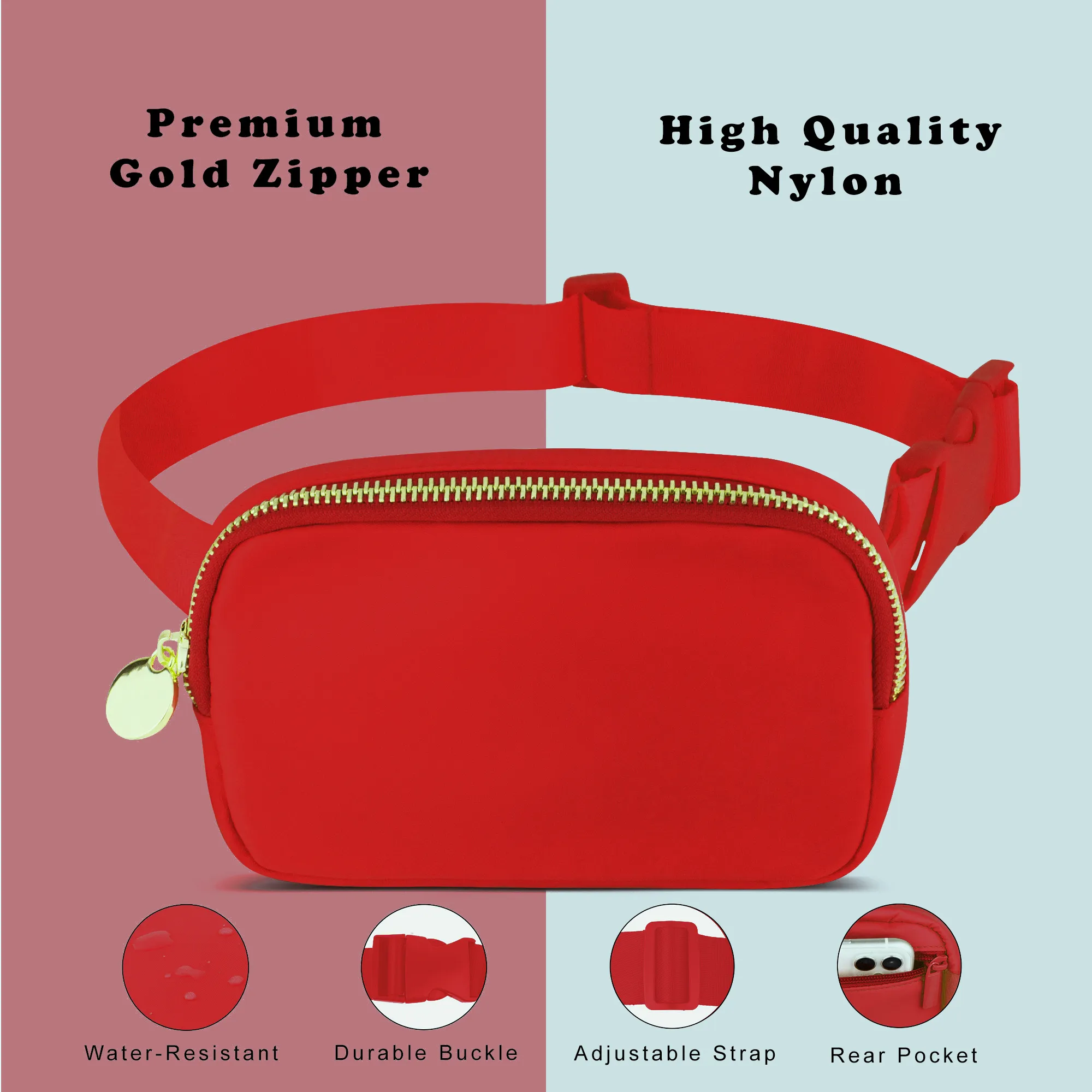 Nylon Belt Bag - Red Fanny Pack For Women - Crossbody Bag Waist Pack Bum Bag