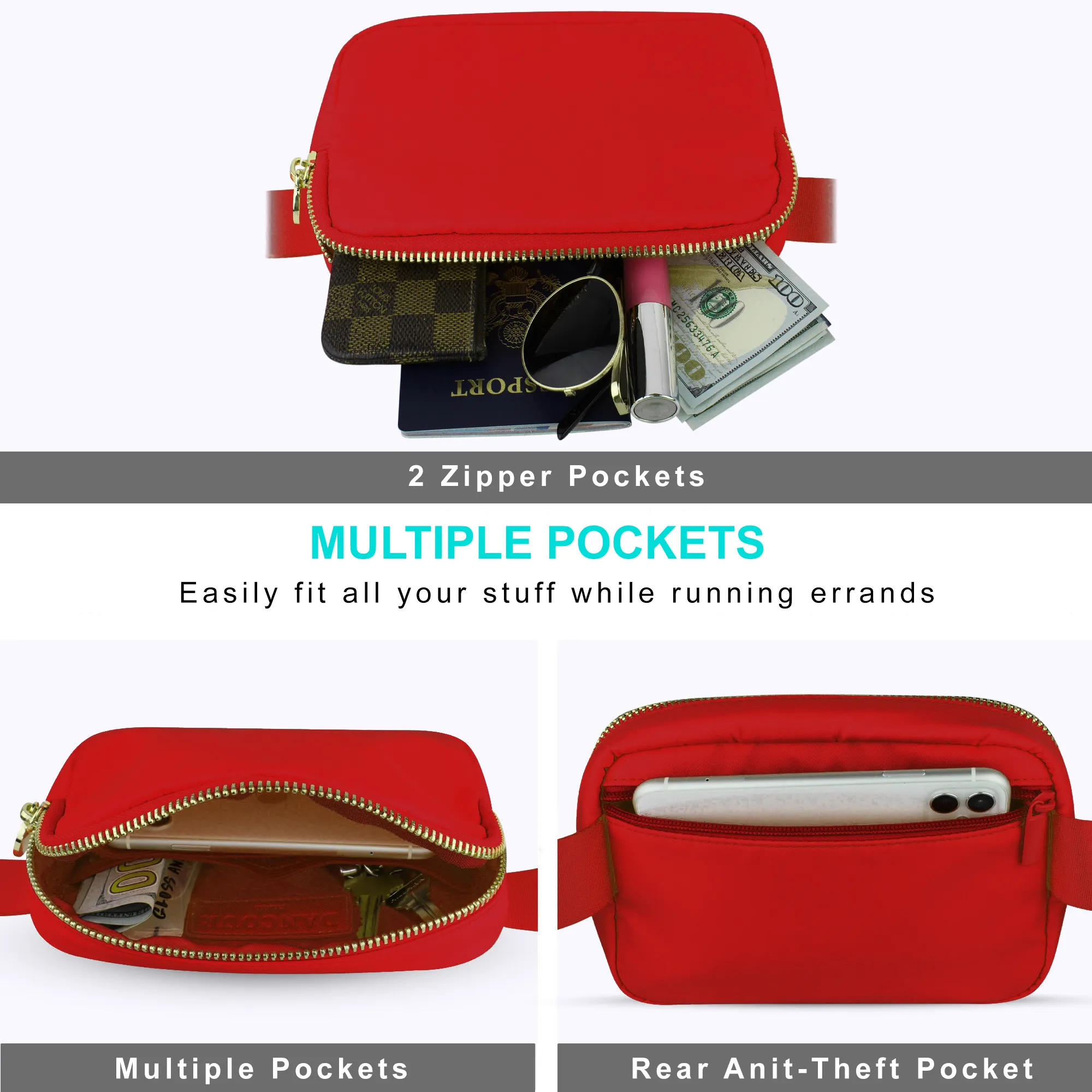 Nylon Belt Bag - Red Fanny Pack For Women - Crossbody Bag Waist Pack Bum Bag