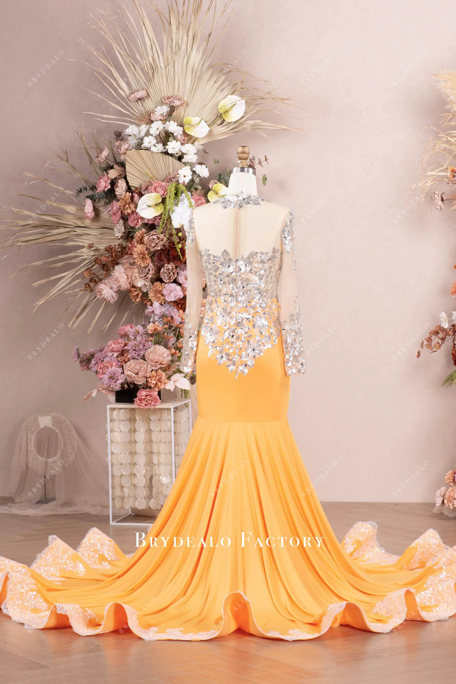Orange Jersey Silver Sequin Sleeve Mermaid Prom Dress