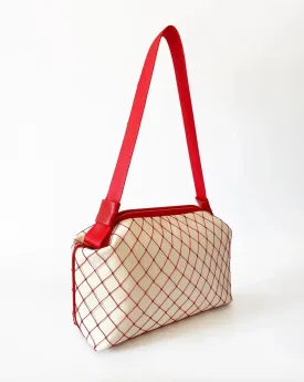 Versatile Red Mesh Detail Cream Faux Leather Handbag