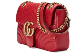 (WMNS) GUCCI GG Marmont Gold Logo Distress Leather Chain Shoulder Messenger Bag Red Classic