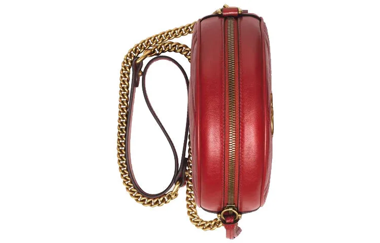 (WMNS) GUCCI GG Marmont Gold Logo Leather Chain Shoulder Messenger Bag Mini Red