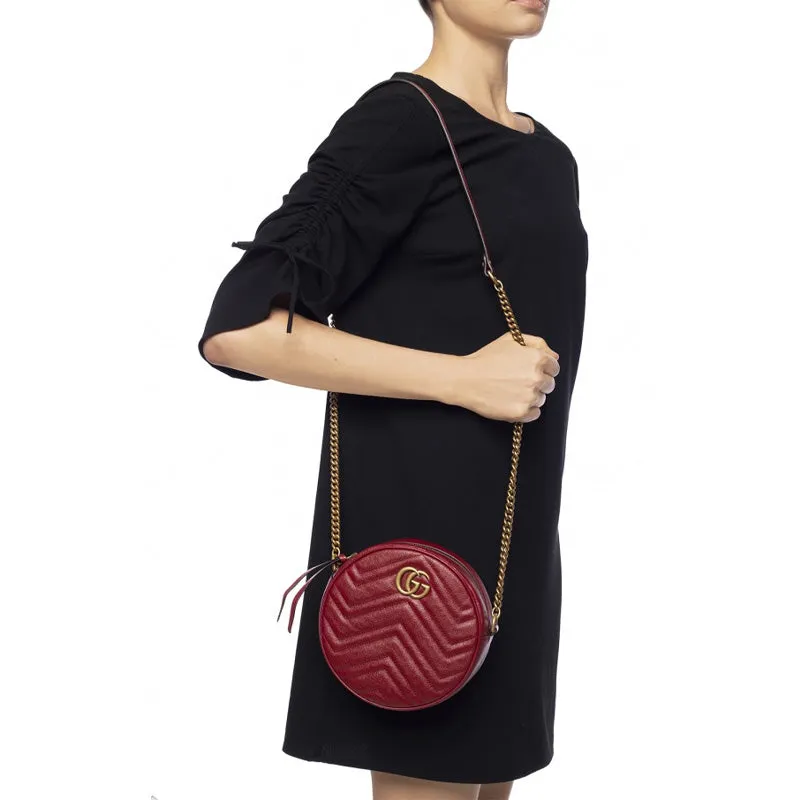 (WMNS) GUCCI GG Marmont Gold Logo Leather Chain Shoulder Messenger Bag Mini Red