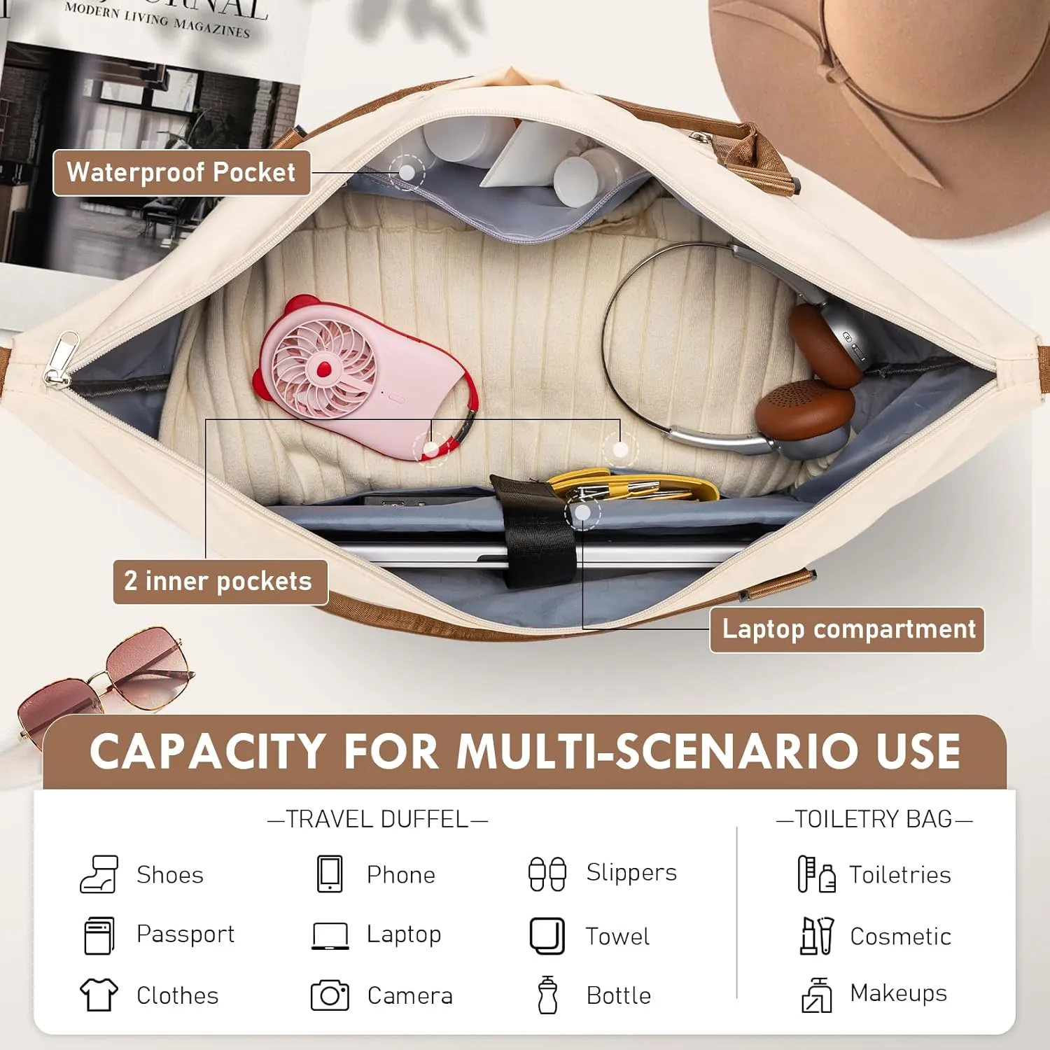 WOOMADA Weekender Bag for Women,Travel Carry On Bag with Shoe Compartment, Hospital Mom Bag for Labor and Delivery, Overnight Travel Duffle Bag with Toiletry Bag(beige&brown)