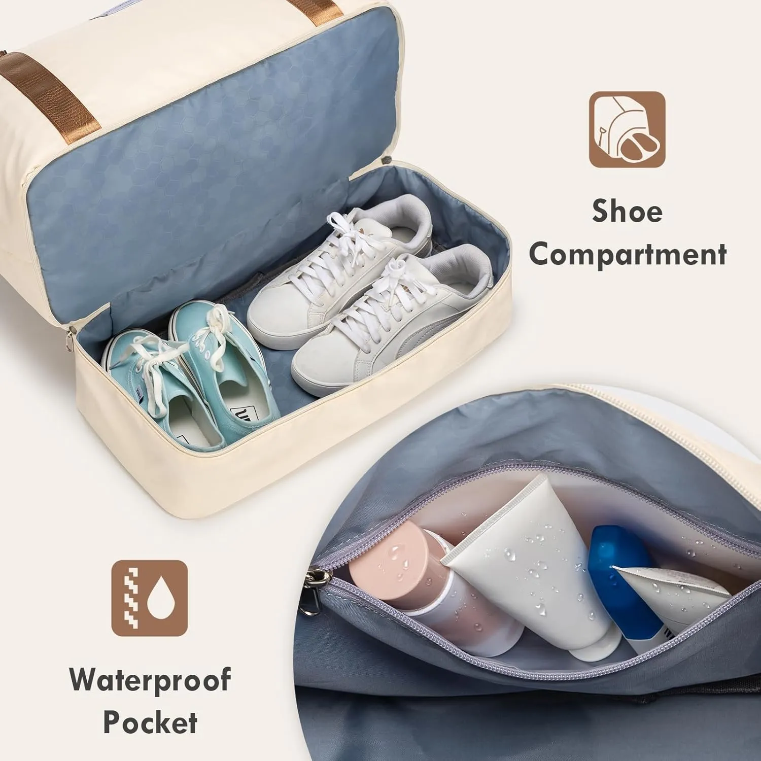 WOOMADA Weekender Bag for Women,Travel Carry On Bag with Shoe Compartment, Hospital Mom Bag for Labor and Delivery, Overnight Travel Duffle Bag with Toiletry Bag(beige&brown)
