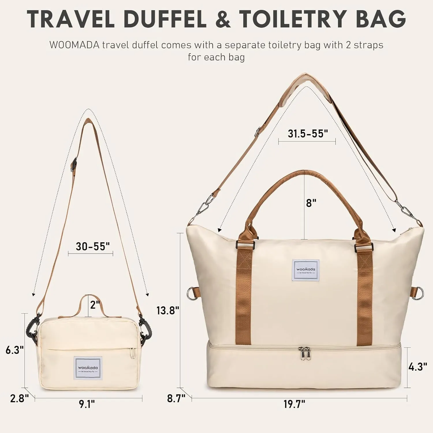 WOOMADA Weekender Bag for Women,Travel Carry On Bag with Shoe Compartment, Hospital Mom Bag for Labor and Delivery, Overnight Travel Duffle Bag with Toiletry Bag(beige&brown)