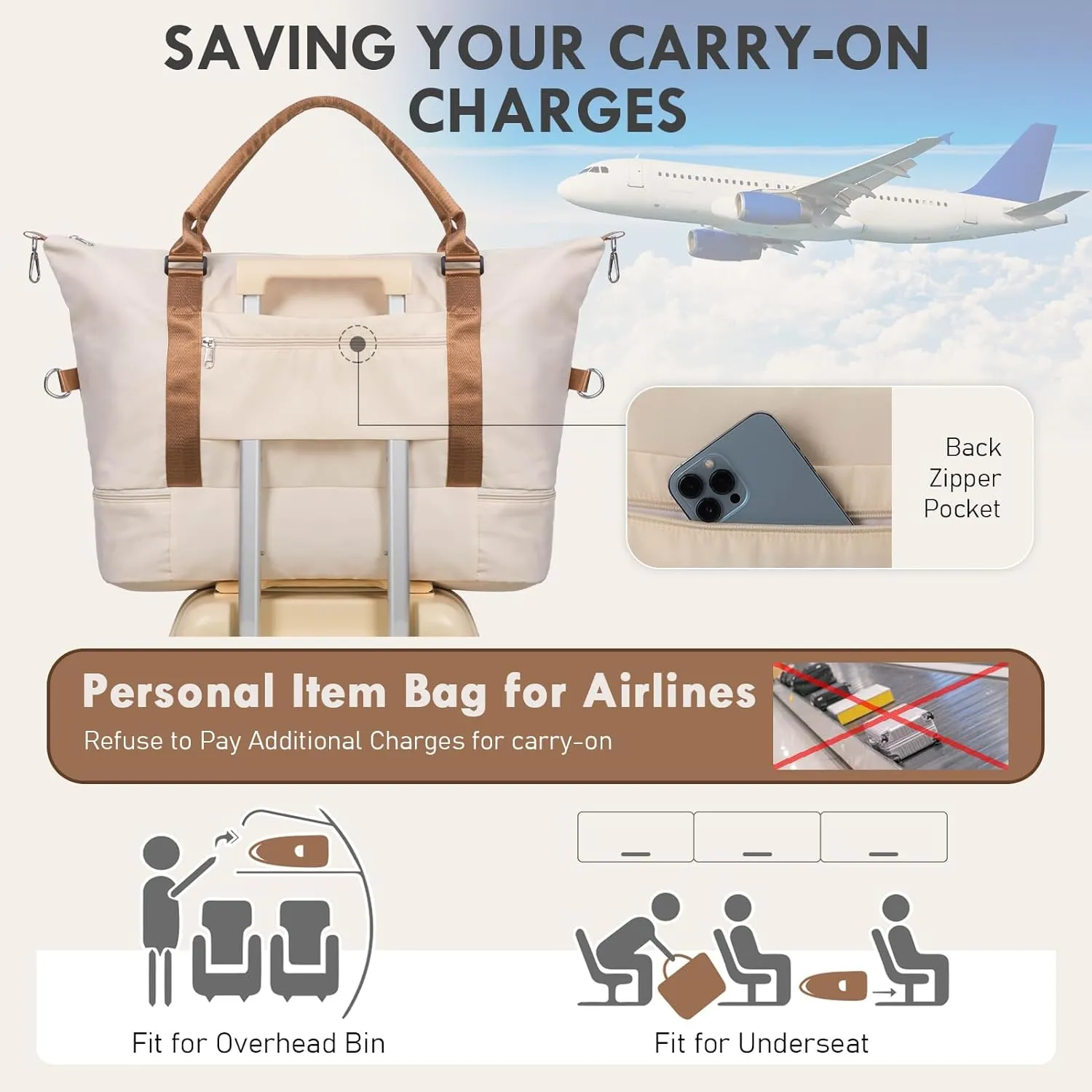 WOOMADA Weekender Bag for Women,Travel Carry On Bag with Shoe Compartment, Hospital Mom Bag for Labor and Delivery, Overnight Travel Duffle Bag with Toiletry Bag(beige&brown)